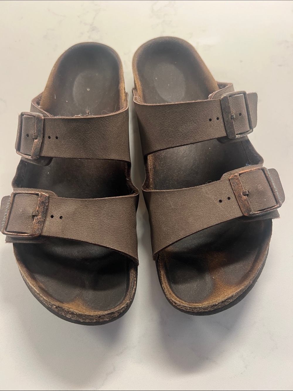 Birkenstock Double Strap Brown Leather Slide Sandals